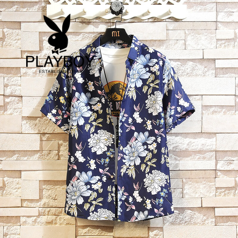 花花公子(playboy established 1953)短袖花衬衫度假风海滩男士沙滩