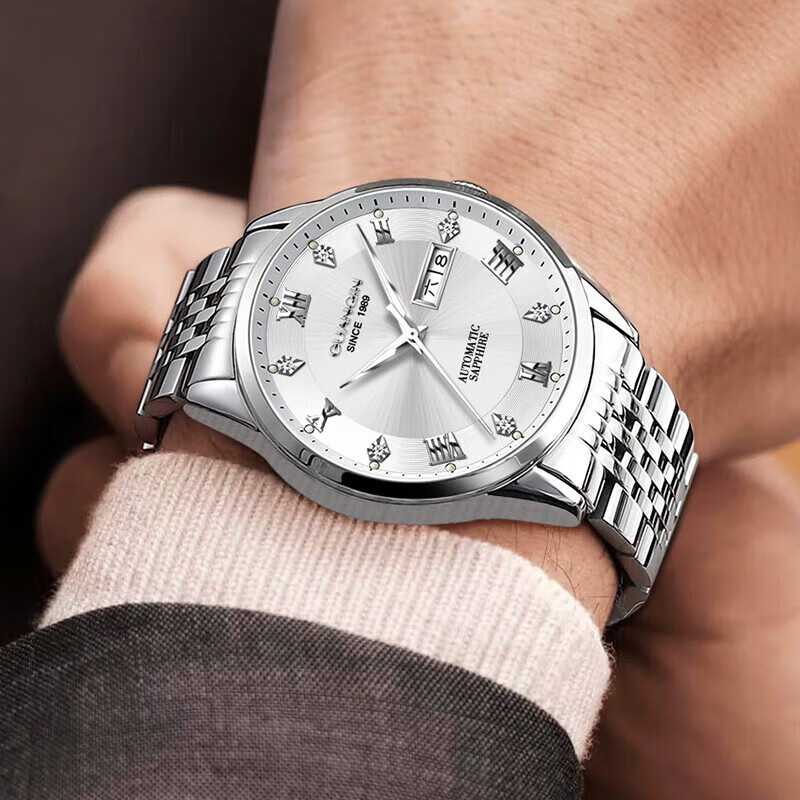 冠琴(GUANQIN)手表男士全自动机械表瑞士名表十大品牌进口机芯夜光防水高端男表 【典藏版】简约银白【升级进口机芯】