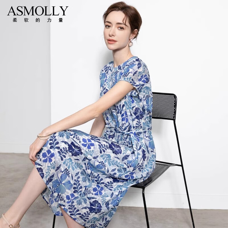 Asmolly春夏气质立领印花系带真丝中长裙修身碎花桑蚕丝连衣裙女 优雅印花 XL
