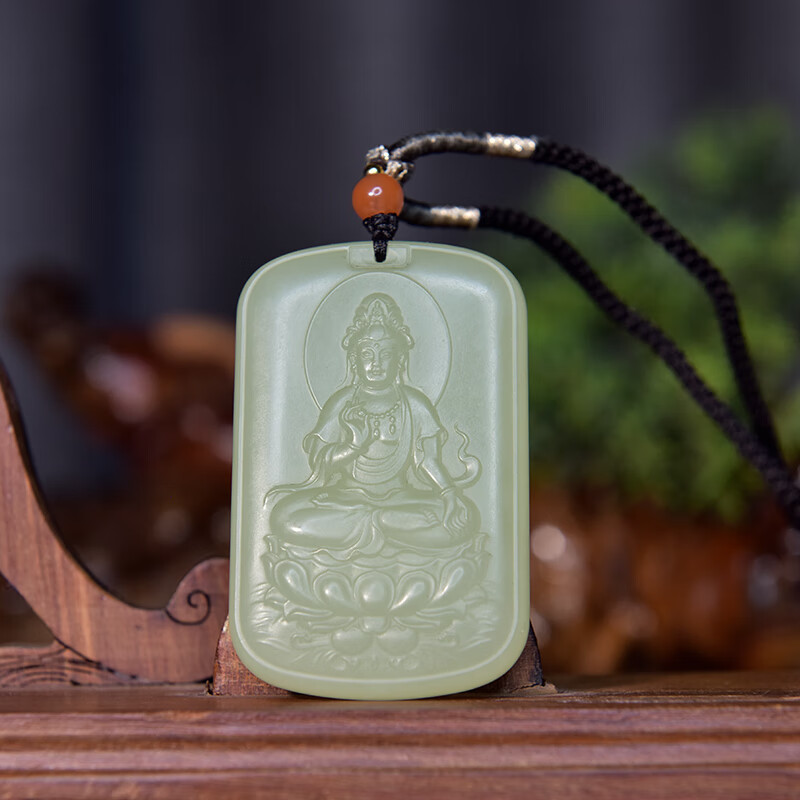 左氏0580和田白玉精雕莲花观音玉石项链普度众生菩萨玉牌吊坠男女款