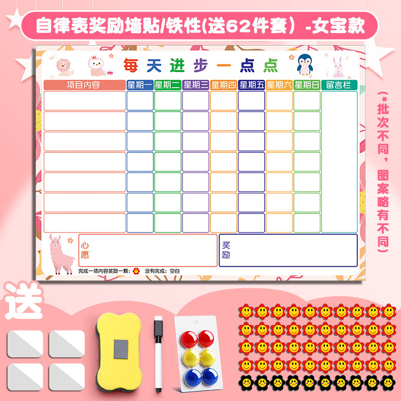 兒童成長自律表磁性墻貼小學(xué)生時(shí)間管理寶寶獎(jiǎng)勵(lì)貼紙積分卡孩子暑假好習(xí)慣養(yǎng)成表揚(yáng)板榜幼兒園學(xué)習(xí)打卡計(jì)劃表 【升級(jí)款】62件套-女寶款