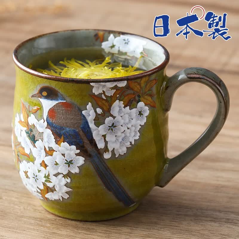 lucky lychee日本进口九谷烧陶瓷山樱雀手绘复古生日礼物杯子咖啡茶杯