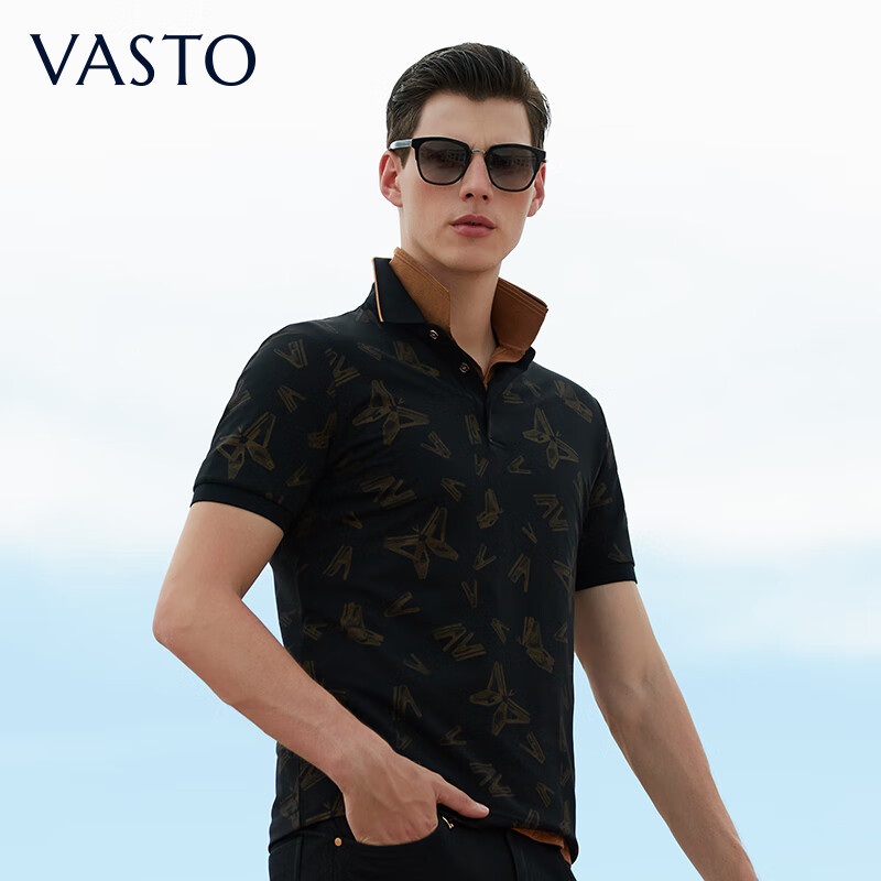 vasto华斯度商务男装黑金蝴蝶印花短袖保罗polo衫黑色翻领男 黑金21