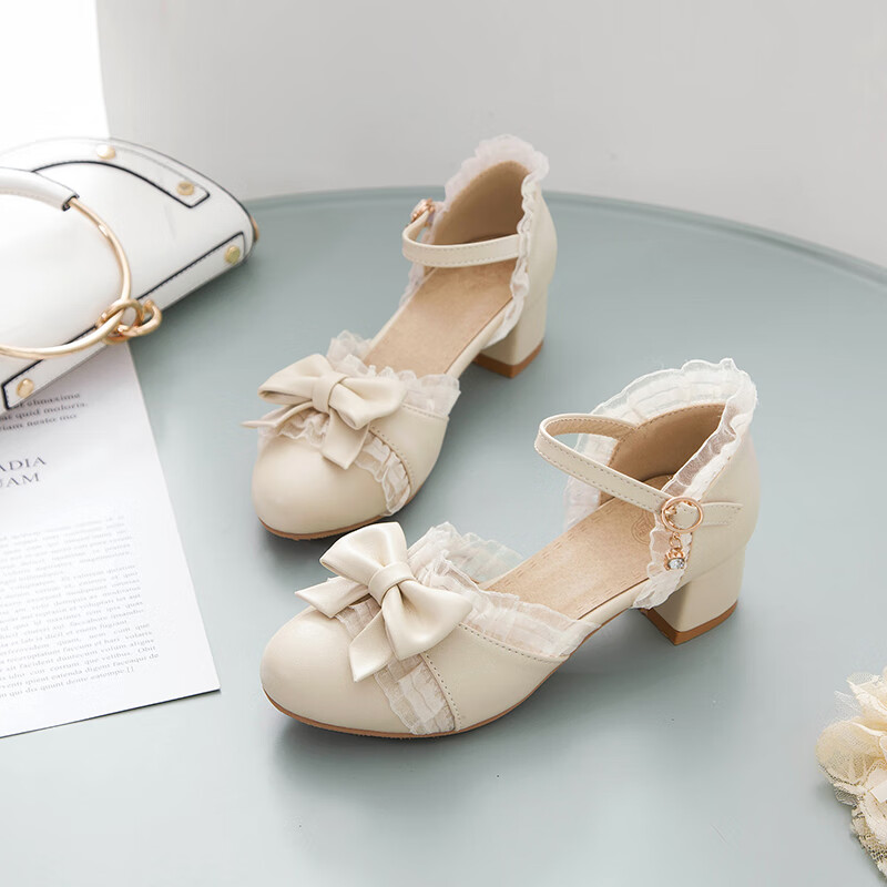 创京懿选高跟鞋七岁到12岁的高跟圆头粗跟大童凉鞋公主鞋女 米色 28