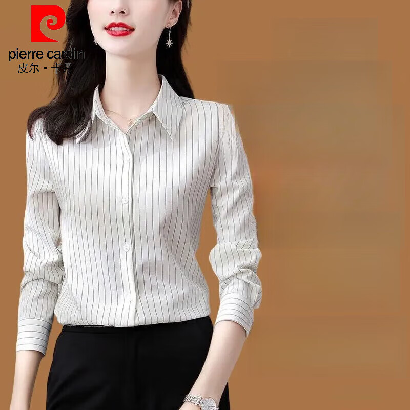 皮爾卡丹（pierre cardin）時(shí)尚條紋襯衫女長袖2024春裝新款港味上衣氣質(zhì)百搭職業(yè)裝打底襯衣 白色 M 【105斤以下】