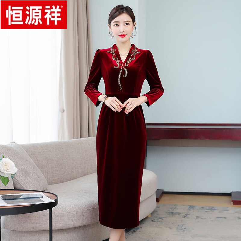 恒源祥阔太太高端婚宴妈m礼服女秋季新款喜婆婆敬酒服金丝绒连衣裙 酒红色 M属于什么档次？