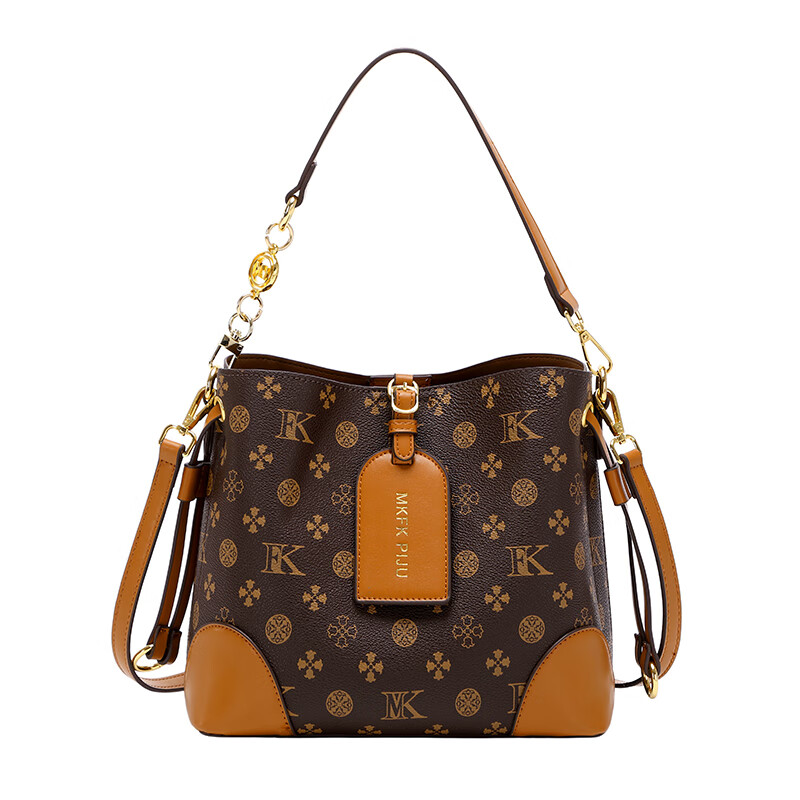 香奈小香真皮手提女包包2026春夏新款潮时尚大容量单肩斜挎印花水桶包礼物 印花棕色 专柜