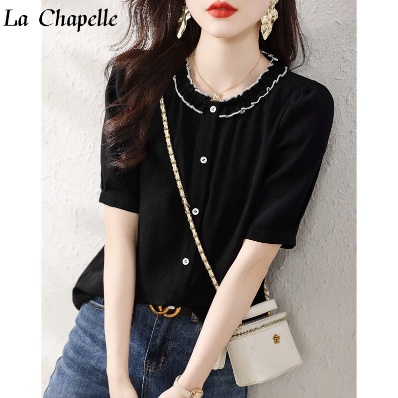 拉夏贝尔（La Chapelle）女装花边领短袖衬衫2023夏季新款舒服百搭上衣显瘦气质通勤衬衣潮 黑色 XL