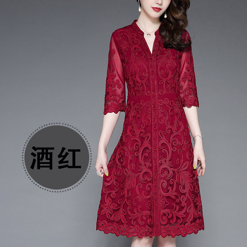 甜婆婆装婚礼服婚宴礼服大码刺绣中老年秋季酒红色喜婆婆连衣裙婚礼