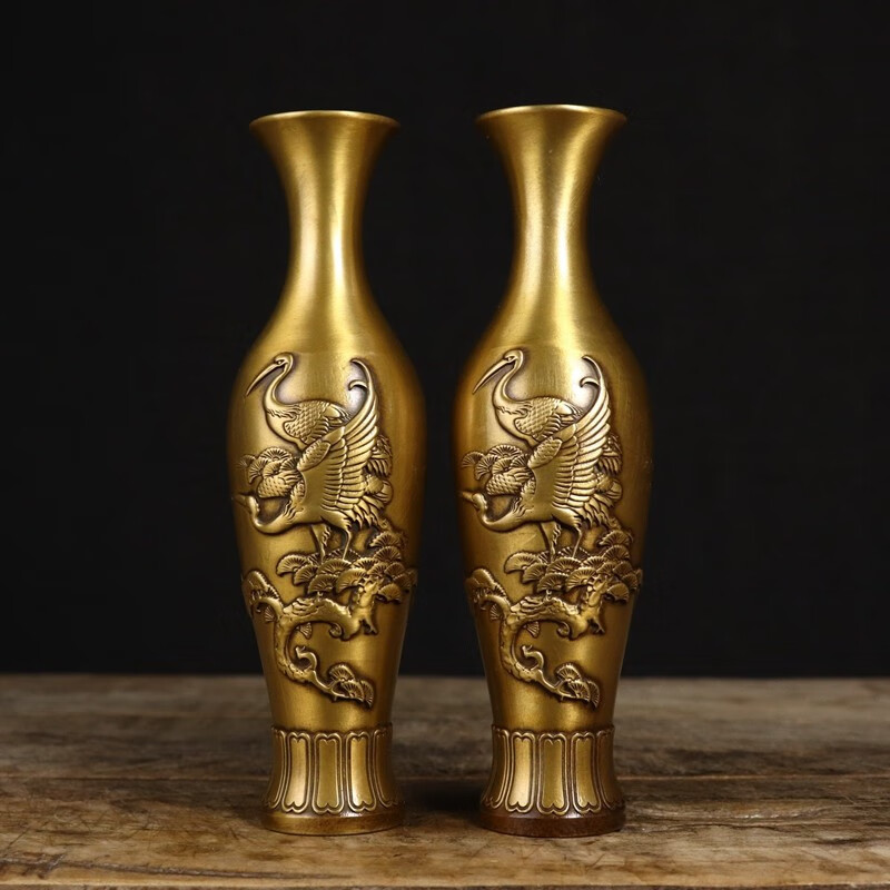 铜人艺巷铜人艺巷全铜黄铜錾刻仙鹤图案花瓶一对家居玄关装饰工艺品铜