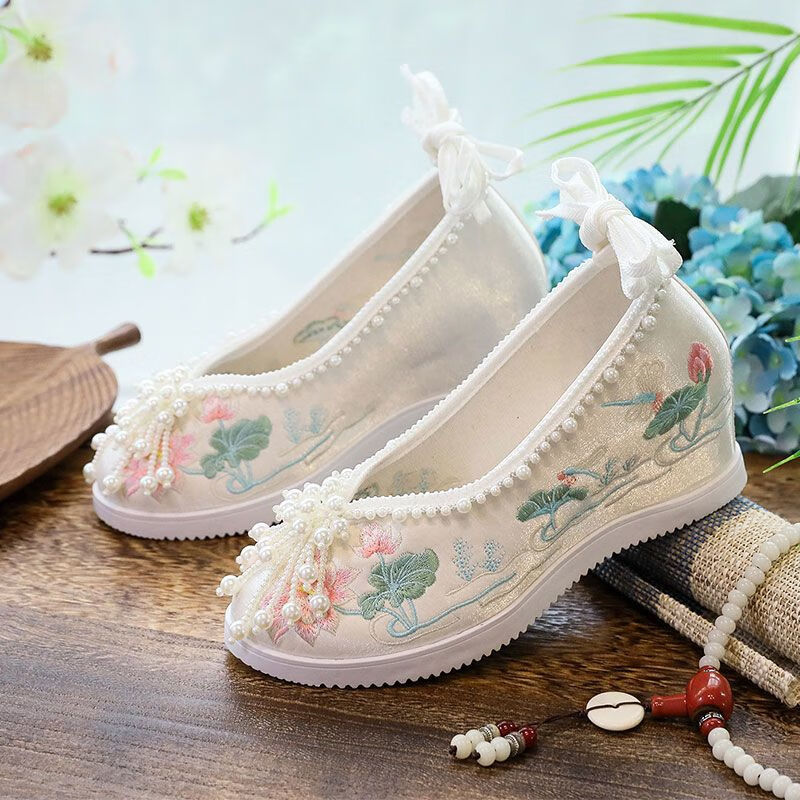 baldauren古风鞋子女汉服鞋圆头串珠中国风内增高古装搭配鞋舞蹈鞋