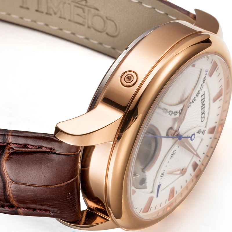 时光一百（TIME100）机械表国潮轻奢复古男士手表多功能飞轮机芯能量显示皮带生日礼物 玫瑰金