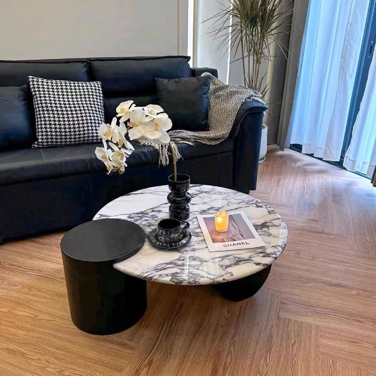 曲柏年法式大理石茶几岩板家用小户型客厅圆形轻奢中古风简约茶几 大理石-宝格丽白80cm