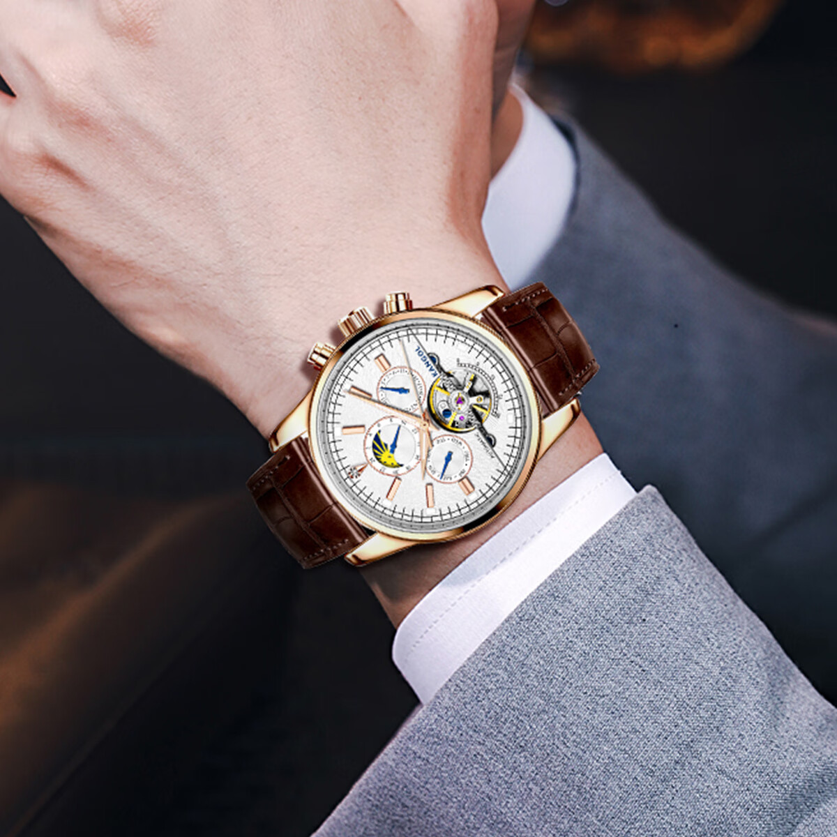 kangol男士手表机械镂空陀飞轮日月星辰腕表男送老公生日礼物k165 棕