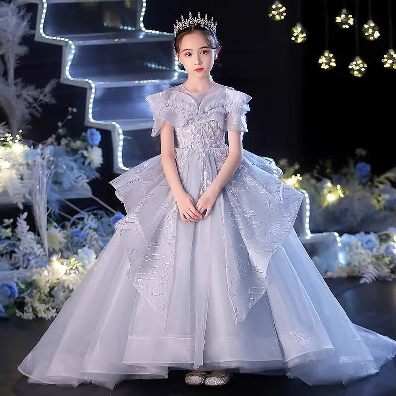 喜雅萌禮服裙女童拖地款兒童高端拖尾走秀蓬蓬紗藍色裙子花童鋼琴演出服 齊地款 130cm