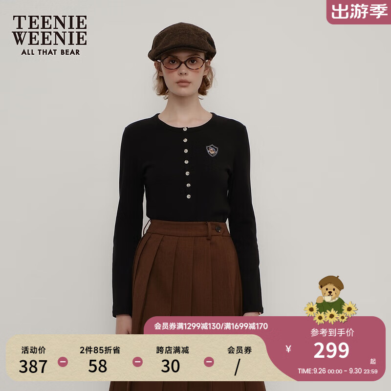 Teenie Weenie小熊长袖T恤女2024秋新款休闲柔软舒适美拉德修身打底长袖T恤上衣 黑色 165/M