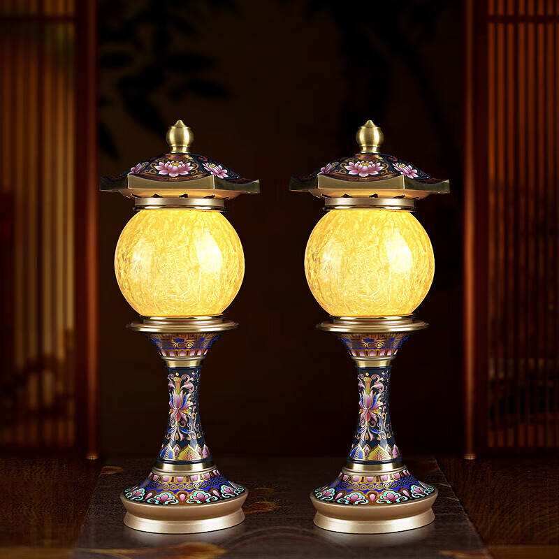 梵澤福 佛前供燈財神燈家用長明燈佛燈供佛燈蓮花燈佛堂用品 仿古藍 10寸一對【高26cm】