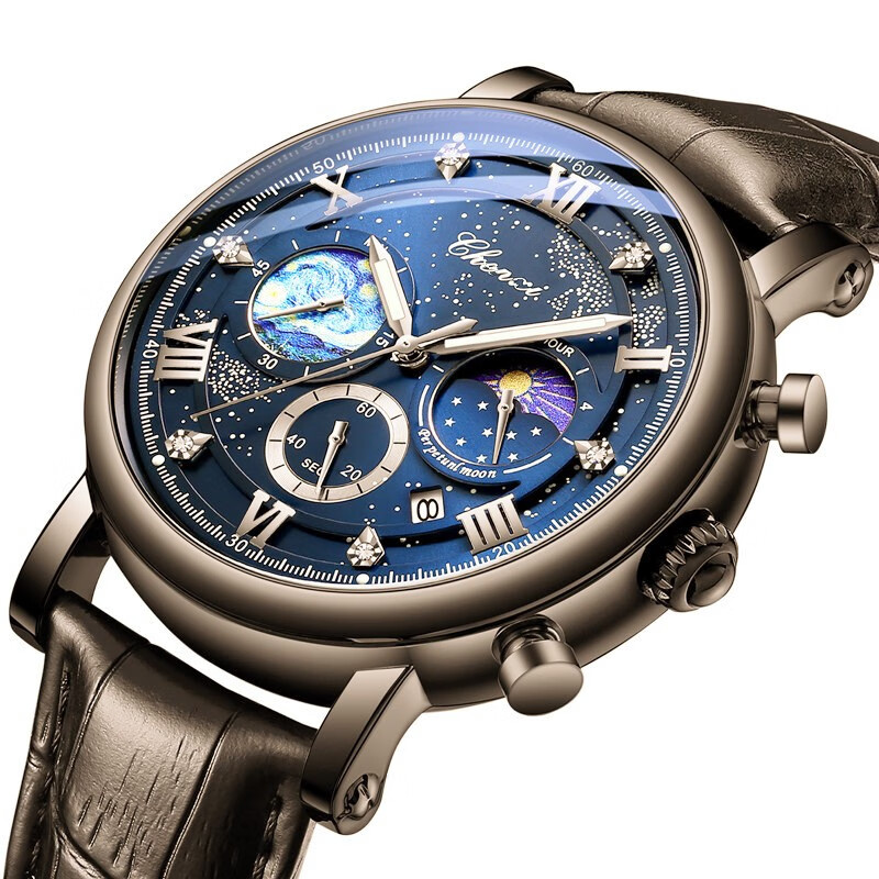 clnai新款品牌男士手表日月星辰夜光腕表多功能防水日历休闲皮带男表