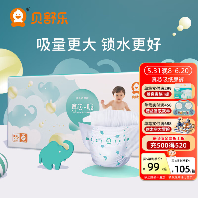 贝舒乐纸尿裤真芯吸大吸量透气干爽尿不湿男女宝宝婴儿夜用推荐尿裤