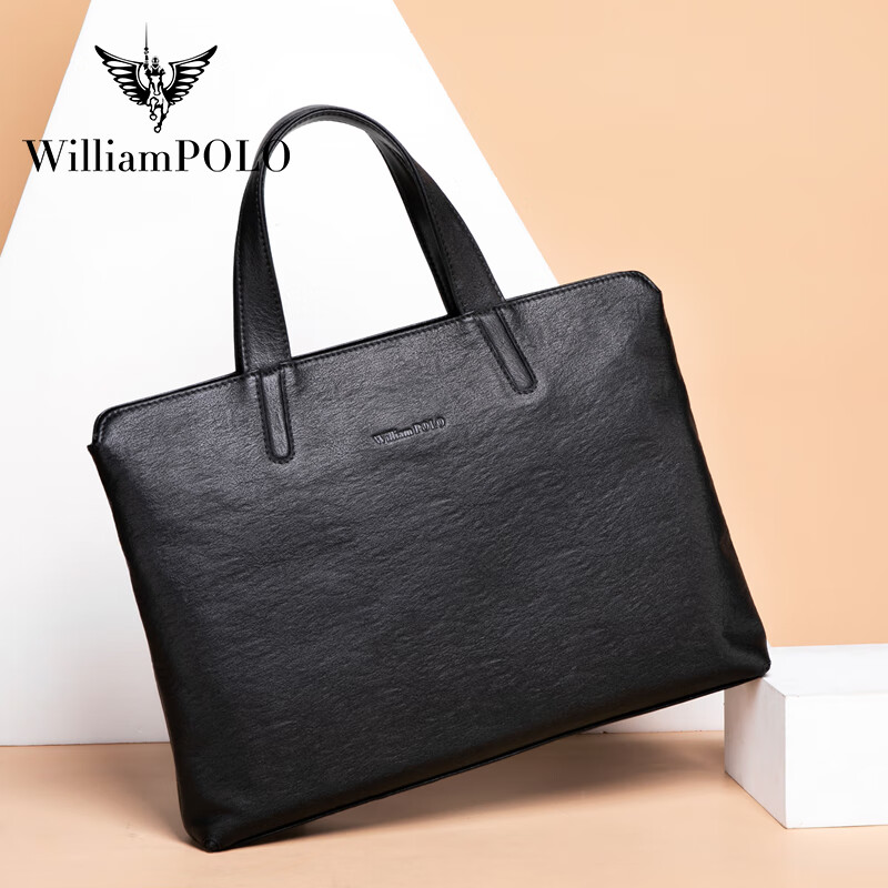 英伦保罗男士手提包大容量出差商务真皮公文包休闲简约牛皮手拿包生日礼物 黑色-头层牛皮 大包 37cm*5cm*27cm 14英寸