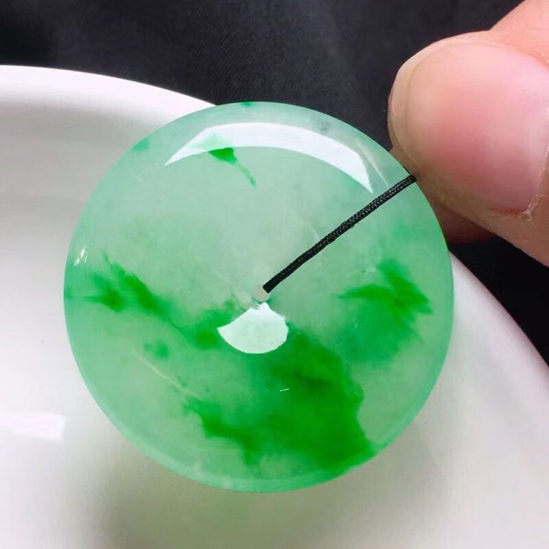 禧凤楼缅甸老坑a货翡翠冰种飘绿18k镶嵌翡翠平安扣吊坠女士 飘绿