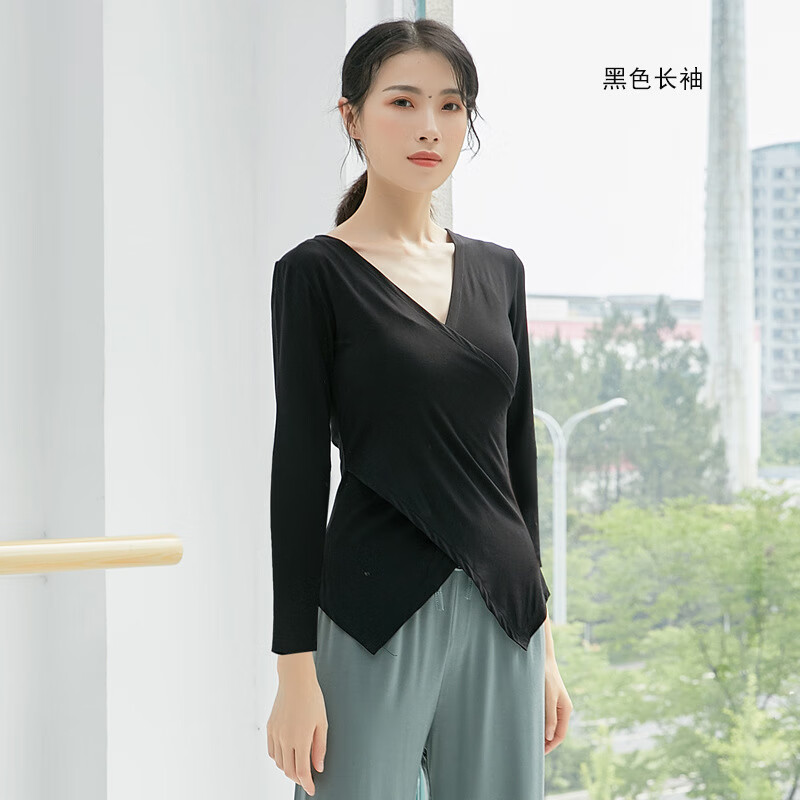 HENGTRAVELER舞蹈服上衣女款瑜伽練功服跳舞交叉領(lǐng)拉丁舞現(xiàn)代形體舒適彈力 黑色 長袖 S