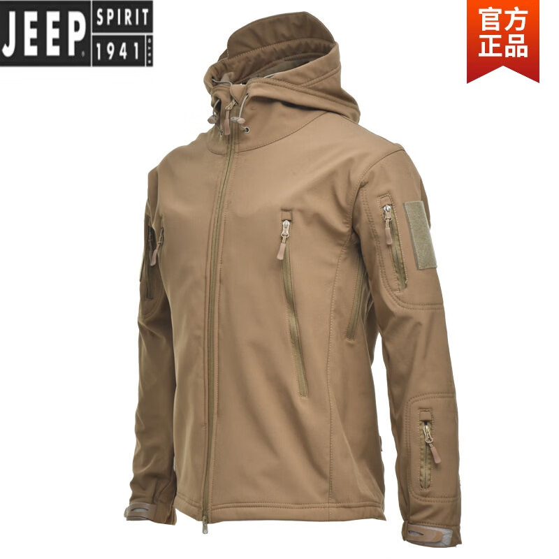 JEEP SPIRIT品质迷彩冲锋衣男战术风衣时尚外套军迷抓绒防风爬山服夹克外套男 黑色 S 110-125斤