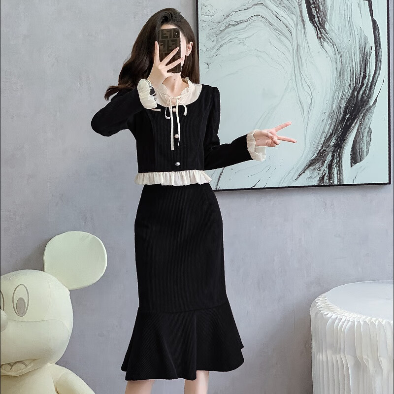 香风套装2024春季灯芯绒上衣半身裙中长款鱼尾裙两件套连衣裙女 黑色
