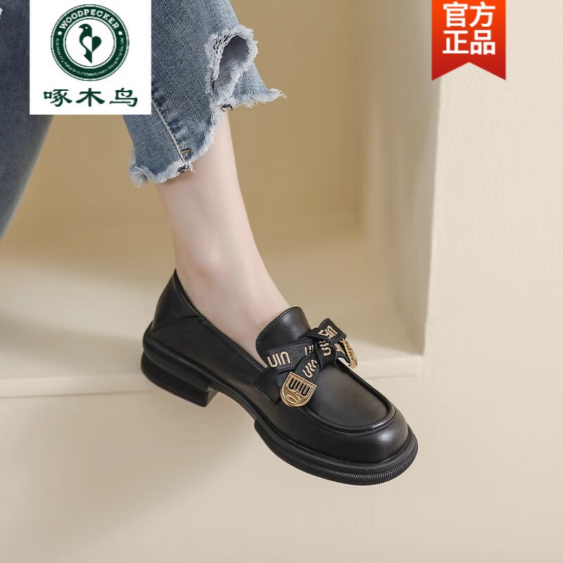 啄木鸟断码特价真皮厚底乐福鞋女2026粗跟蝴蝶结一脚蹬单鞋软底小皮鞋女 黑色 37