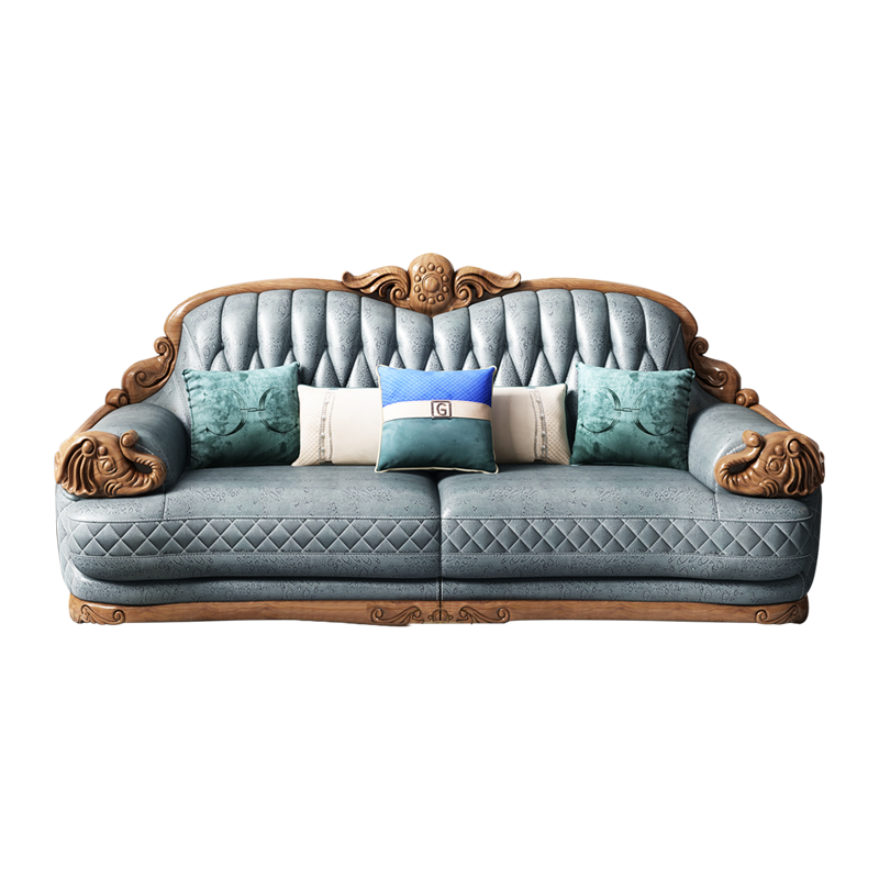 【5折】梦美斯宣 沙发欧式真皮沙发大小户型实木雕花别墅客厅奢华乌金木款沙发 ATN-1488 【橡胶木·头层牛皮】1+2+4组合