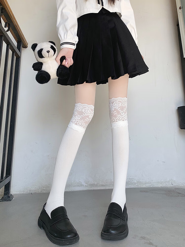 恬饰白色蕾丝花边小腿袜女洛丽塔中长筒过膝袜配高筒靴甜美大腿堆堆袜