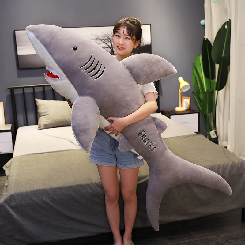 拍拍虎拍拍虎鲨鱼毛绒玩具大号娃娃公仔床上睡觉长条枕抱枕男生款玩偶 鲨鱼-浅灰色 1.6米