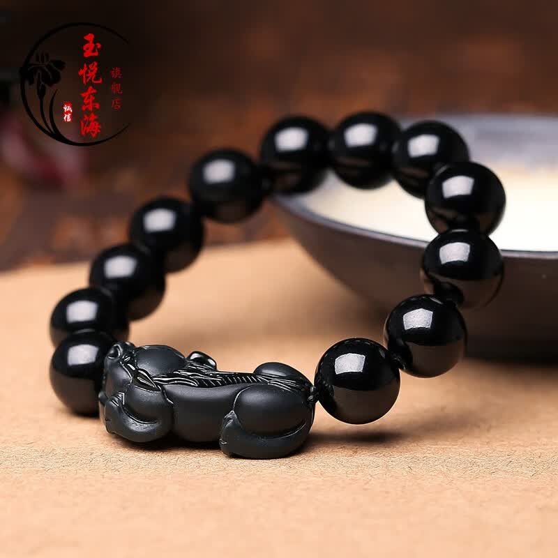 玉悦东海  天然墨翠手链男女翡翠貔貅手串珠宝手饰带证书圆珠径13mm