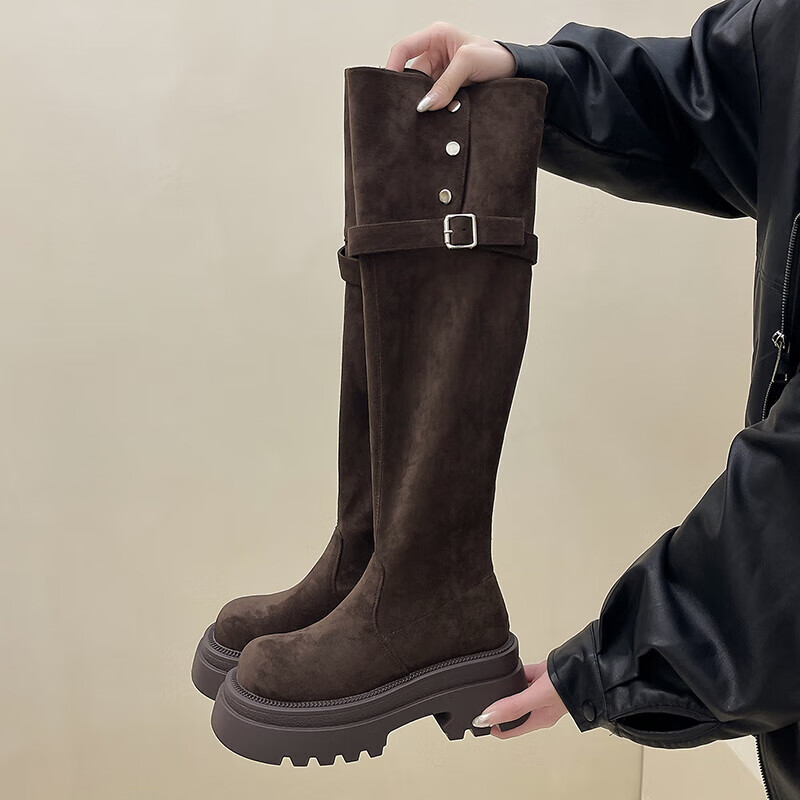 惠奴比厚底显瘦绒面堆堆弹力靴过膝靴子女2025秋冬新款两穿长筒靴时装靴 黑色【加绒款】 39