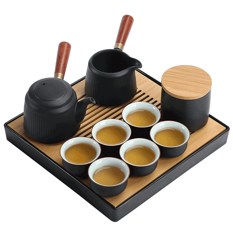 苏氏陶瓷（SUSHI CERAMICS）茶具套装实木手柄双侧把茶壶茶叶罐整套日式功夫茶具配竹面储水式茶盘茶托礼盒装
