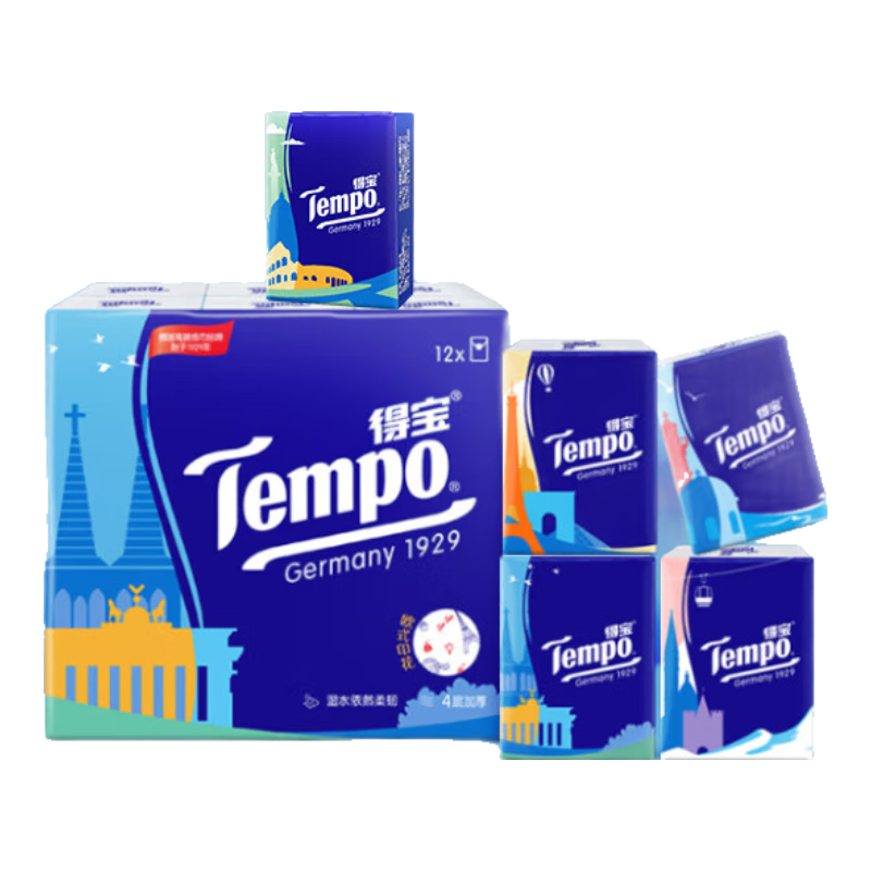 得寶（TEMPO）一博同款 手帕紙 歐式印花7張*12包 4層濕水不破 紙巾小包 面巾紙