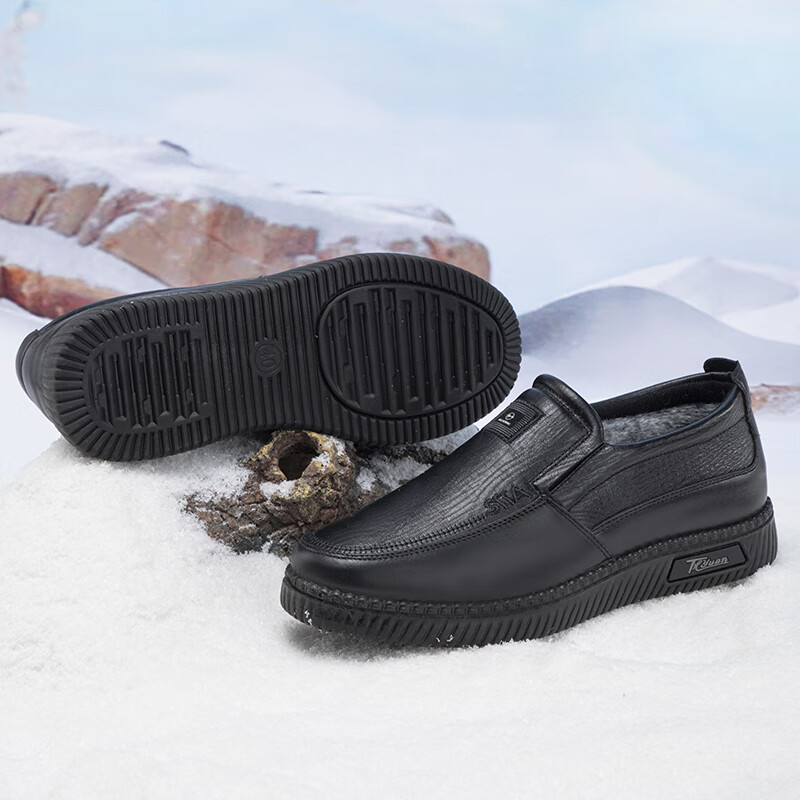 泰和源老北京布鞋男棉鞋冬季一脚蹬加绒加厚爸爸鞋防滑保暖仿皮休闲鞋 棕色69980 44