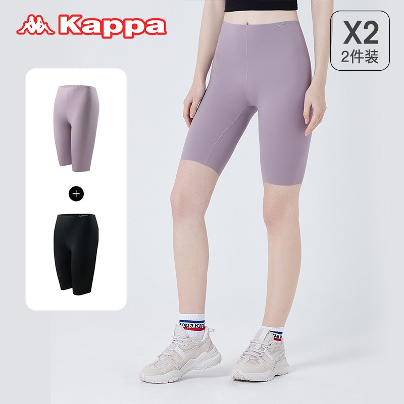 KAPPA卡帕打底裤2件装女鲨鱼裤瑜伽薄款高弹收腹健身运动五分裤女 黑色/灰紫色 均码