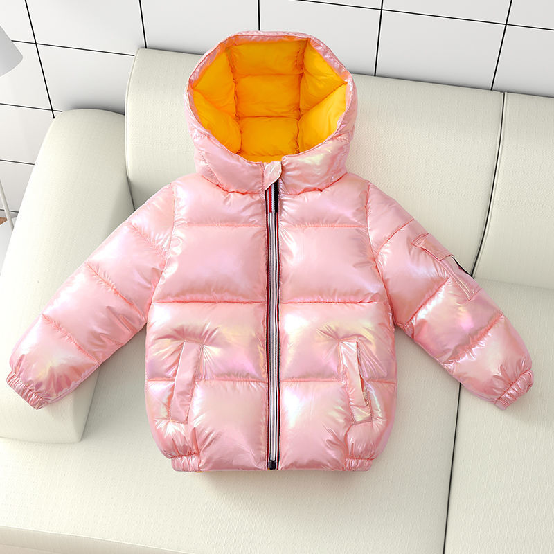 冬季新款儿童羽绒服大中小童宝宝男童女童装加厚亮面鸭绒外套 炫彩粉色 130 (偏小一码)