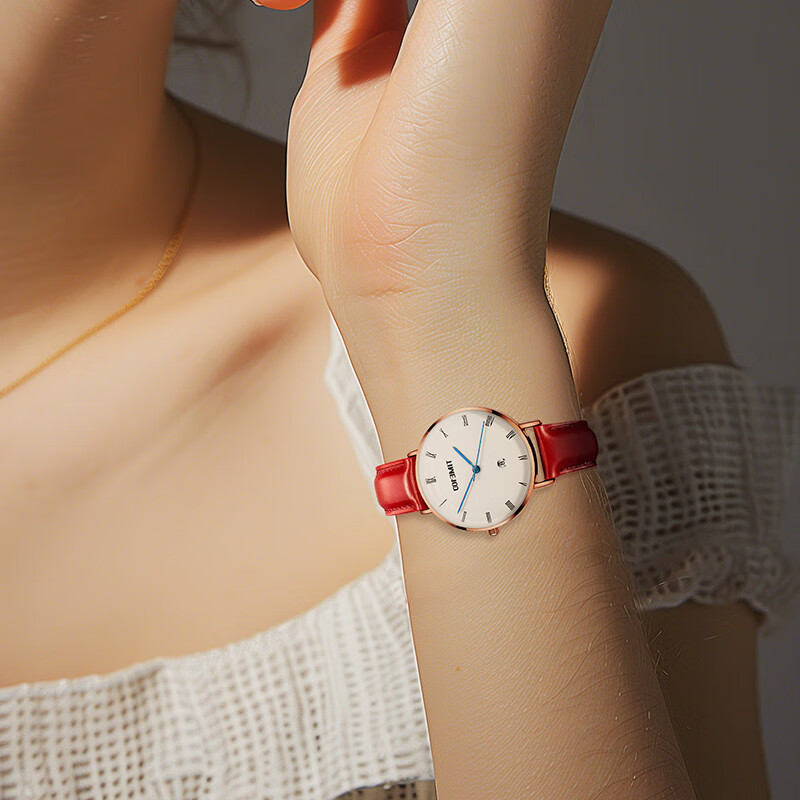 时光一百（TIME100）手表女轻薄简约头层油蜡牛皮女士手表圆盘日历防水学生女神节礼物 大红