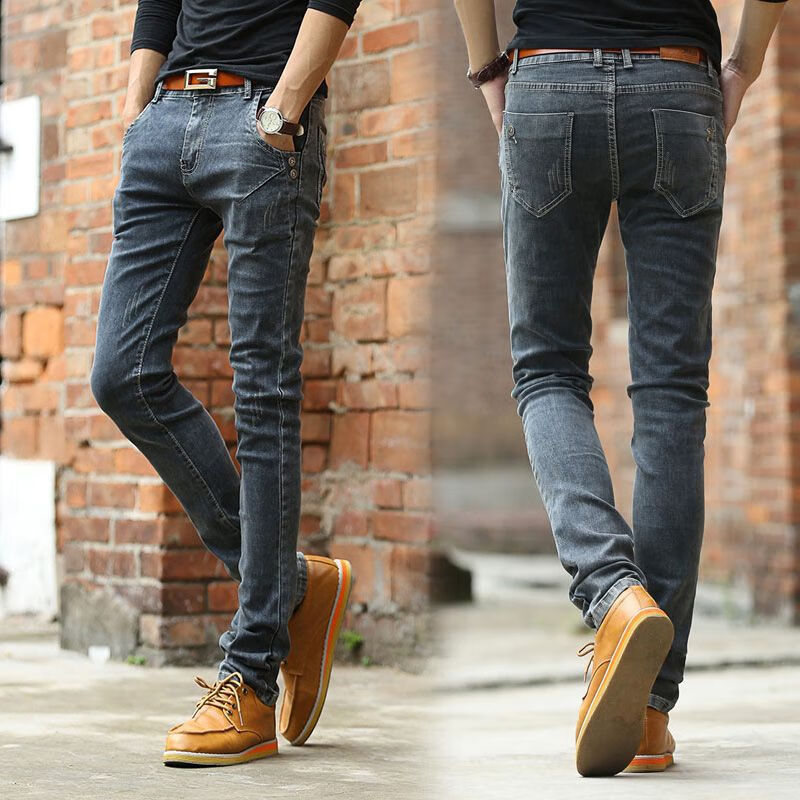 牛仔裤秋冬厚款牛仔裤男小脚裤修身弹力紧身韩 烟灰色605 27码腰2尺