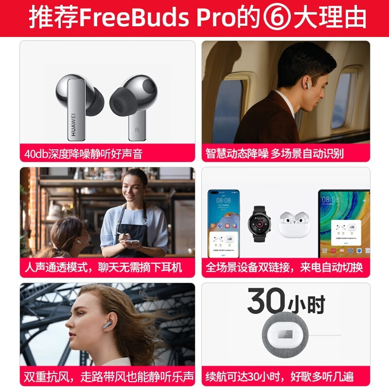 华为freebuds pro无线耳机蓝牙耳机主动降噪智慧动态运动耳机 有线充版-陶瓷白