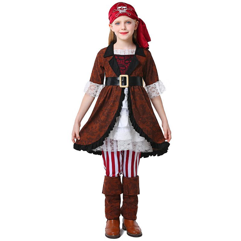万圣节加勒比海盗服海盗女王Catrina套装 儿童Pirate舞台表演服装 棕色 XS