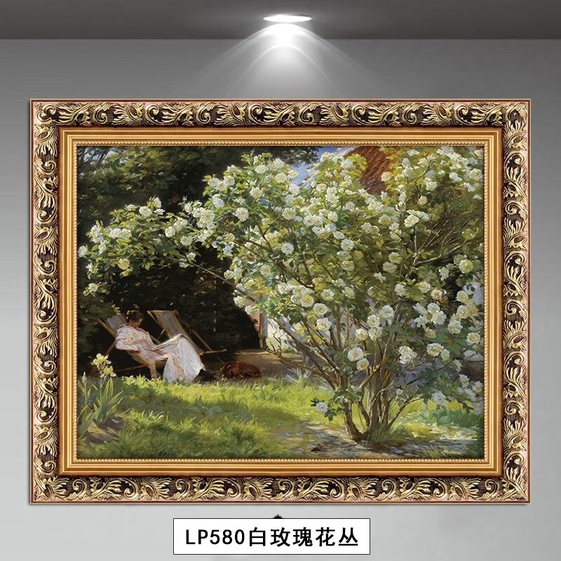 林格印象白玫瑰花丛绿色风景油画复古田园挂画莫奈装饰画梵高壁画世界