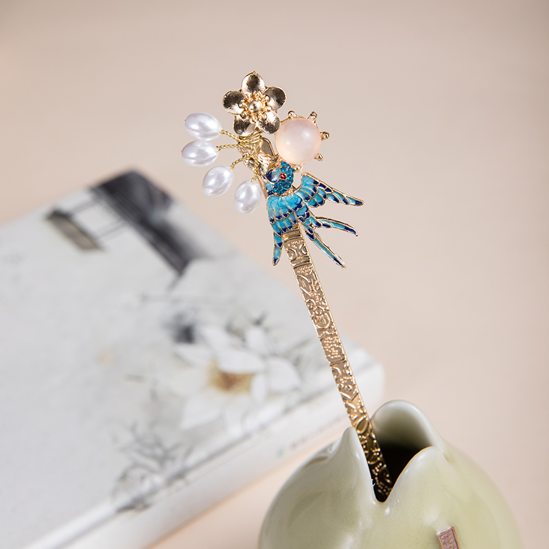 萨拉拉 发钗簪子女古风珍珠烧蓝发簪明制头饰古装汉服发饰sn4541 燕子
