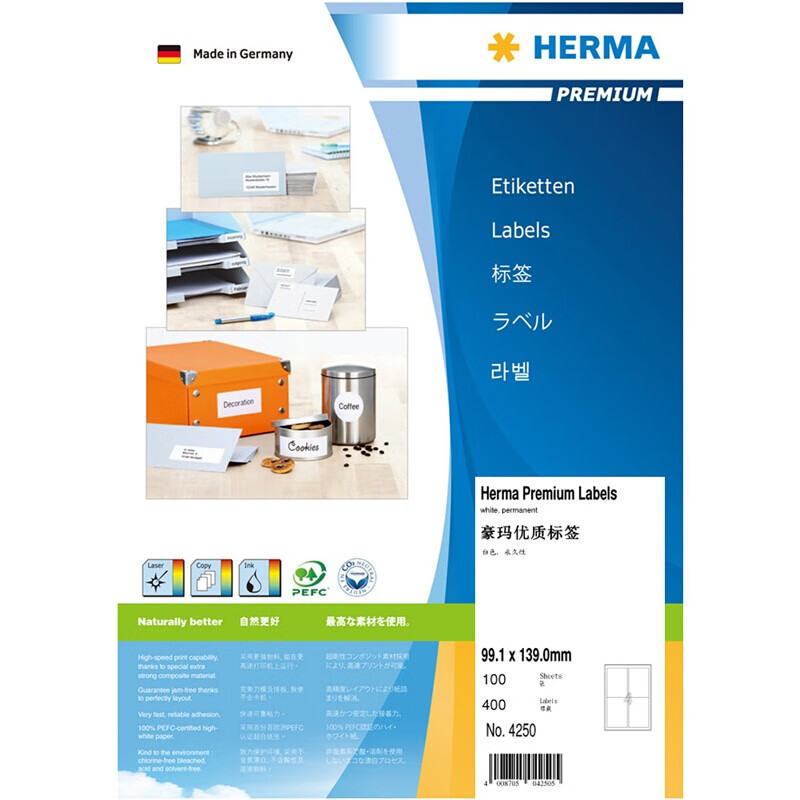 德国豪玛(HERMA)白色A4-100张不干胶电脑打印标签贴纸 多款型号 4250 99.1*139.0mm 4枚