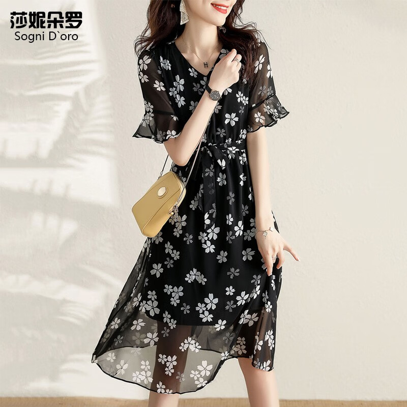 莎妮朵罗大码女装2025夏装新品胖人遮肚子显瘦蕾丝拼接V领碎花连衣裙18279 黑色 5XL 建议180-200斤穿着