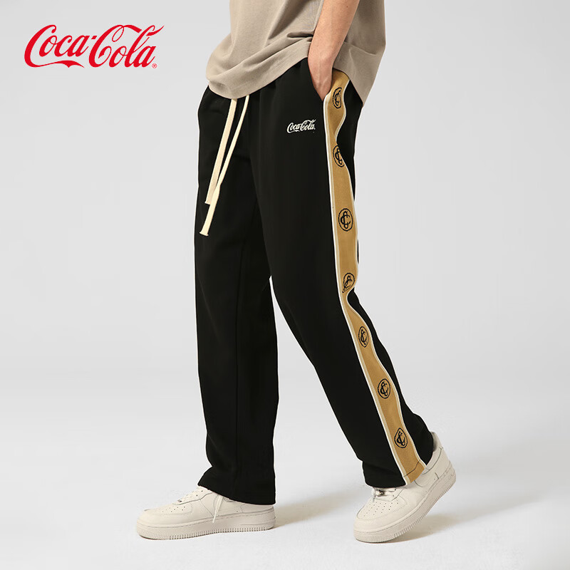 可口可乐（Coca-Cola）休闲裤男春秋运动直筒裤垂感阔腿宽松侧条纹长裤星尘黑L