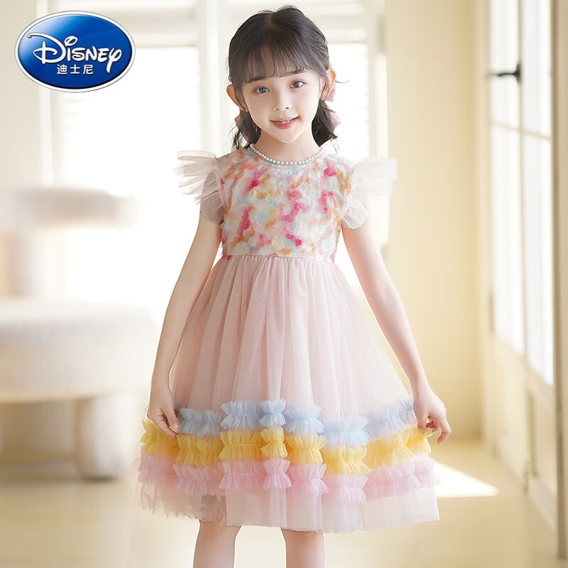 迪士尼（Disney）女童连衣裙夏装2024新款宝宝洋气飞飞袖彩虹裙小女孩生日礼服裙子 粉色 100cm