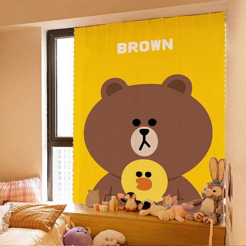 魔术贴窗帘布免打孔安装新款卧室少女遮光简易自粘式 布朗熊和小黄鸭